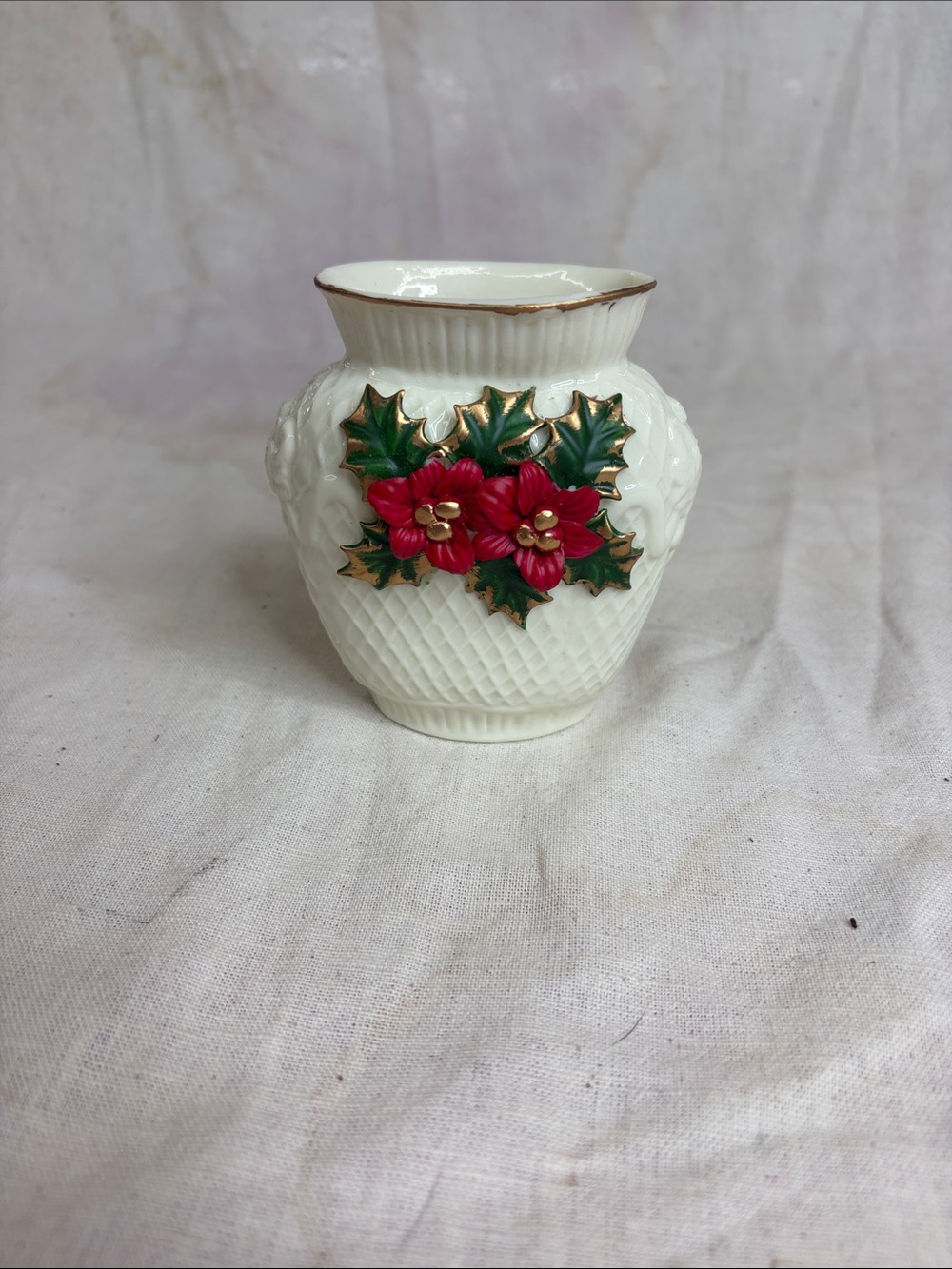 Ivory Ceramic Bud Vase with Red Poinsettia Accent